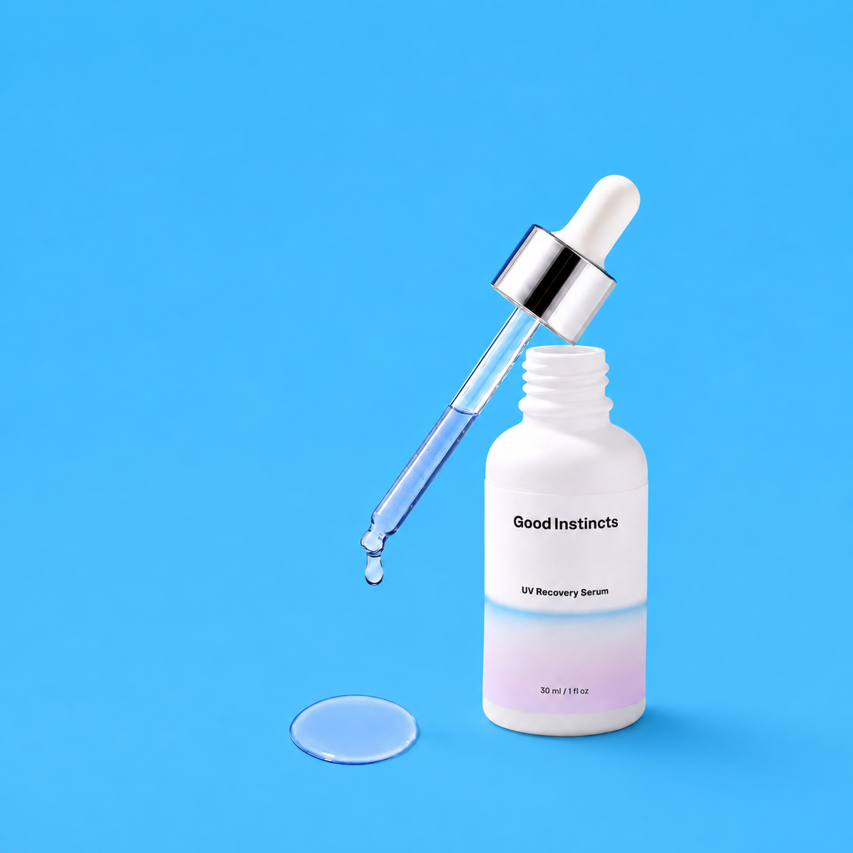 Good Instincts Serum on blue background